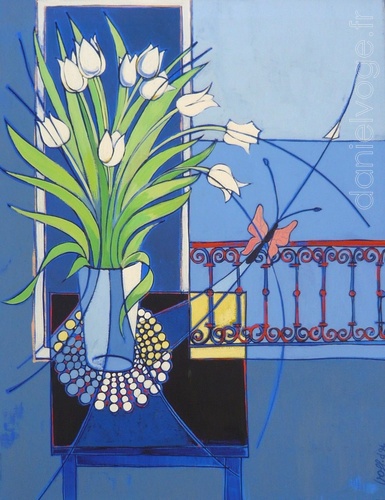 Le papillon et les fleurs blanches (1994), 50x65cm
